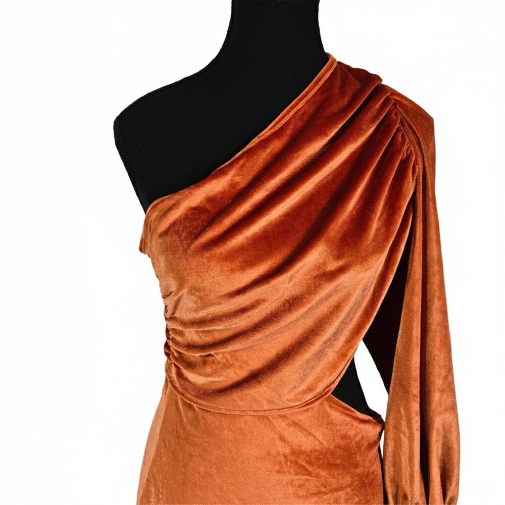 New Orange Rust Velvet One Shoulder Cutout Mini Dress Ruched Bodycon | Large - Picture 5 of 9